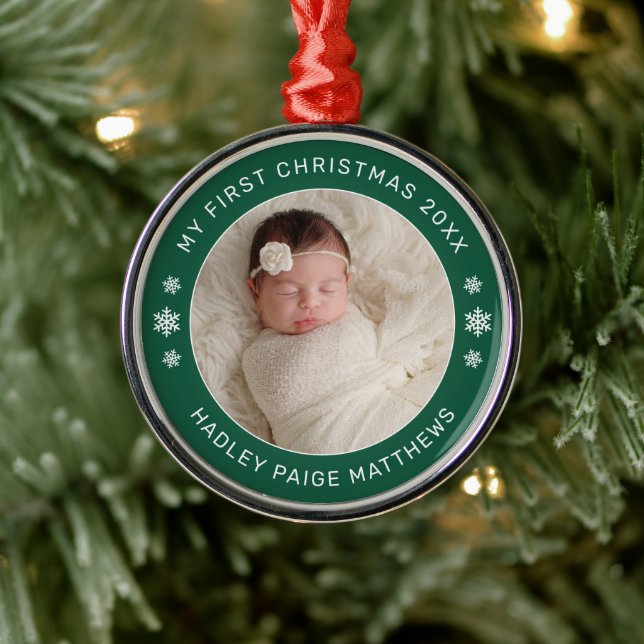 My First Christmas Green Personalized Baby Photo Metal Ornament (Tree)