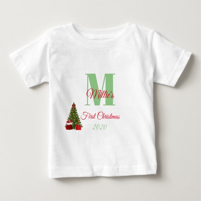 My First Christmas Green Red Tree Editable Baby T-Shirt (Front)
