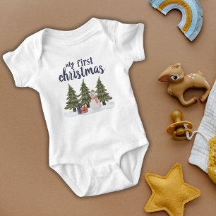 My First Christmas Green Trees Snowman and Gifts Baby Bodysuit