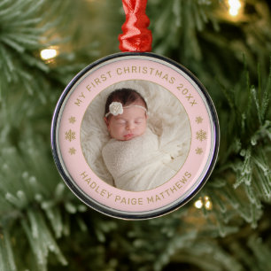 My First Christmas Light Pink Baby Girl Photo Metal Ornament