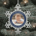 My First Christmas Modern Baby Photo Navy & White Snowflake Pewter Christmas Ornament<br><div class="desc">Celebrate the simple joys of the holiday season with a stylish navy blue and white custom photo round metal snowflake Christmas ornament. Wording and picture on this template are simple to personalise. "My First Christmas" quote is easy to change in case the ornament is for another occasion. (IMAGE & TEXT...</div>
