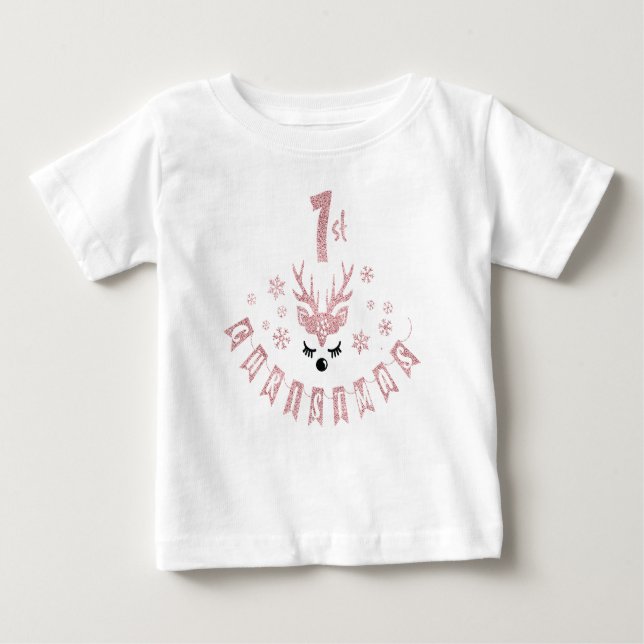 My First Christmas Modern Pink and White Reindeer Baby T-Shirt (Front)