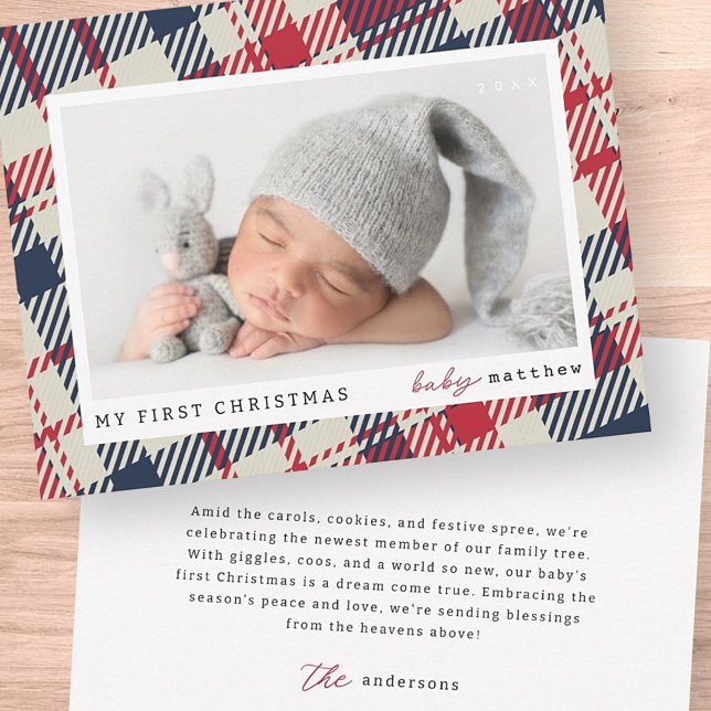 My First Christmas Modern Plaid Baby Photo Card (Creator Uploaded)