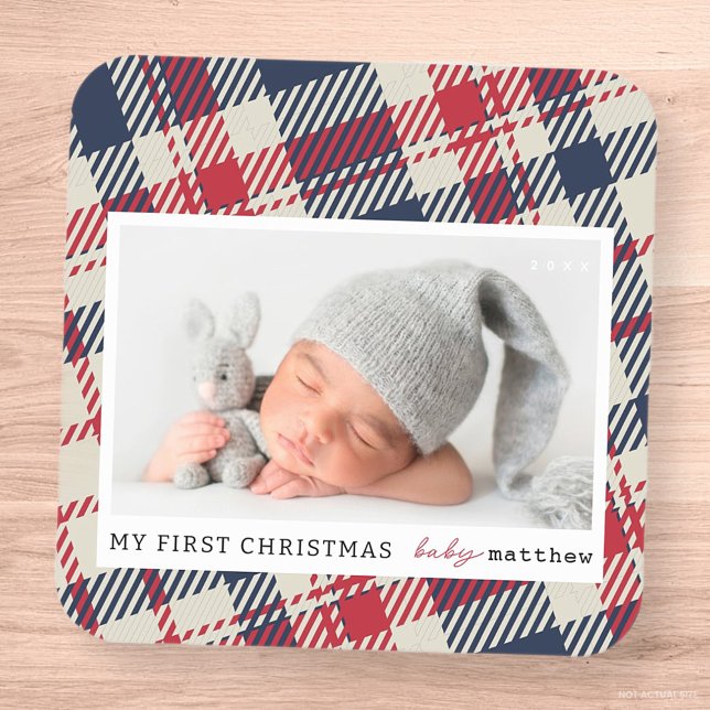 My First Christmas Modern Plaid Baby Photo Square Sticker (Creator Uploaded)