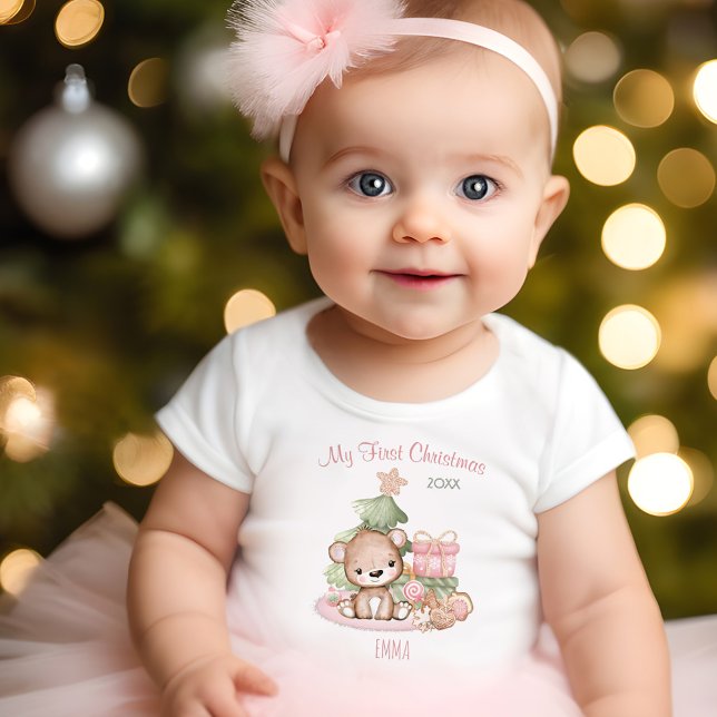 My First Christmas Name Bear Pink Christmas Tree Baby T-Shirt (My First Christmas Name Bear Pink Christmas Tree Baby T-Shirt)