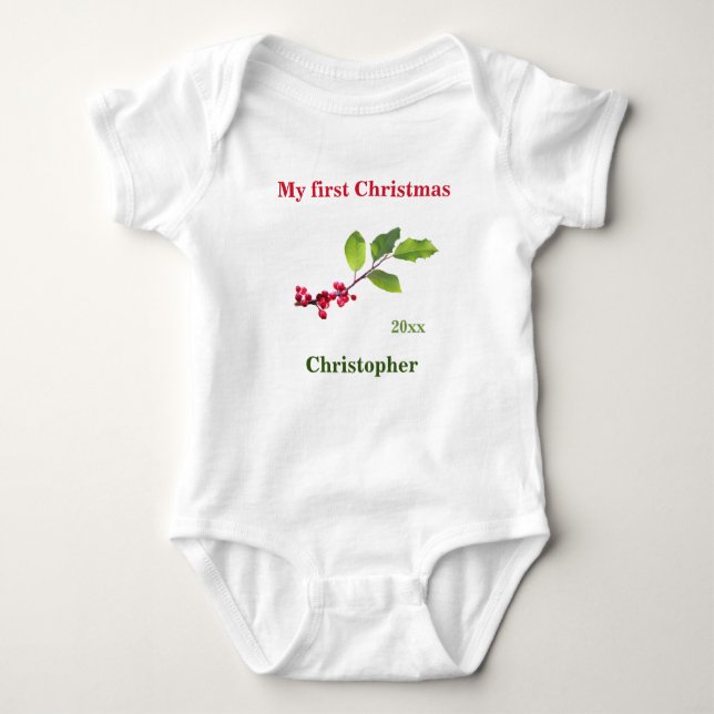 My first Christmas name year holly berry T-Shirt Baby Bodysuit (Front)