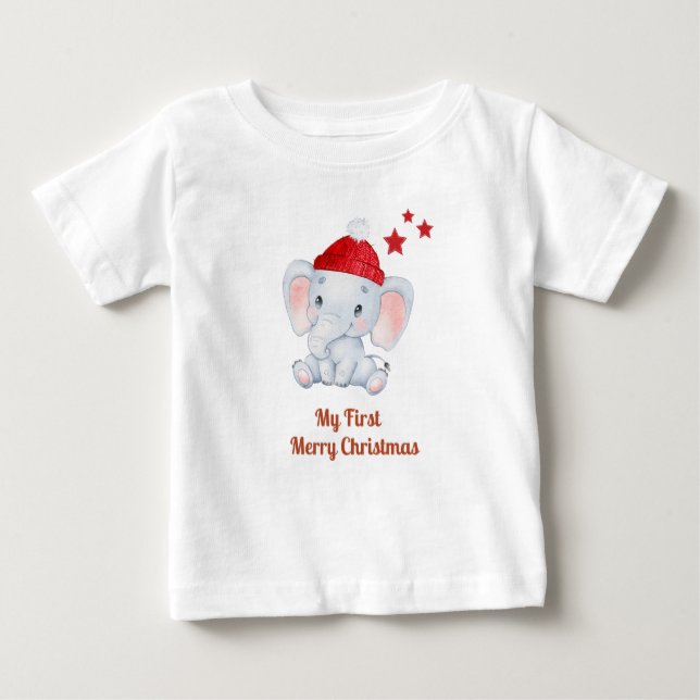 My first Christmas new born babies- Santa elephant Baby T-Shirt (Front)