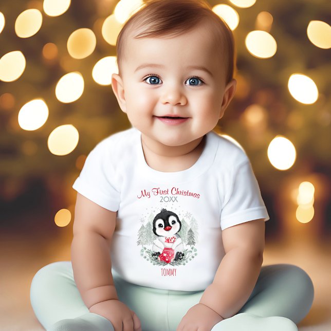 My First Christmas Penguin Personalised Name Baby T-Shirt (My First Christmas Penguin Personalized Name Baby T-Shirt)