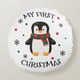 My First Christmas Penguin Round Pillow