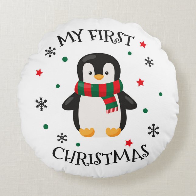 My First Christmas Penguin Round Pillow (Front)