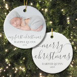My First Christmas Personalised Baby Photo Ceramic Ornament<br><div class="desc">Introducing a beautifully simple and elegant Christmas ornament, perfect for celebrating a baby's first holiday season. The front showcases a cherished photo of your little one, adorned with the phrase "My First Christmas" in delicate script typography, along with the baby's name and year. A subtle ombre or white gradient at...</div>
