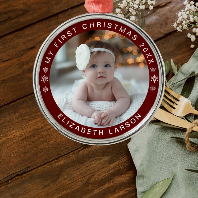 My First Christmas Personalised Baby Photo Red Metal Ornament (Creator Uploaded)