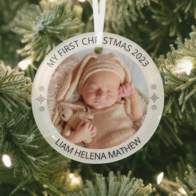 My First Christmas Personalised Elegant Baby Photo Glass Tree Decoration (Insitu)