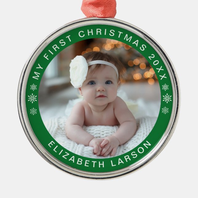 My First Christmas Personalized Baby Photo Red Metal Ornament (Front)