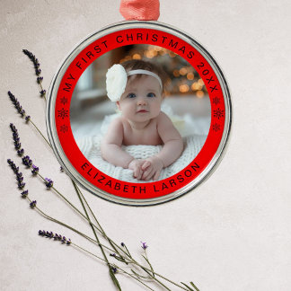 My First Christmas Personalized Baby Photo Red Metal Ornament