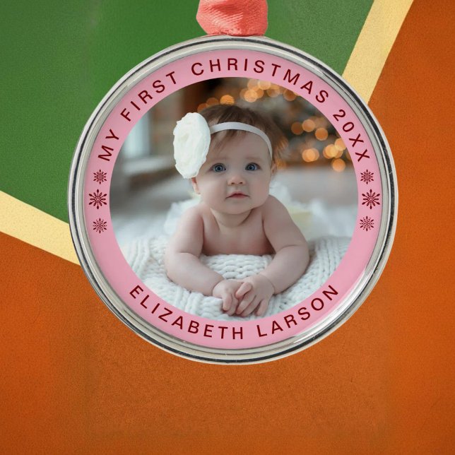 My First Christmas Personalized Baby Photo Red Metal Ornament (Creator Uploaded)