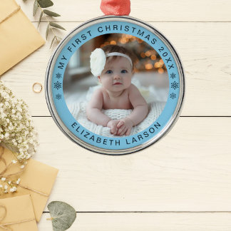 My First Christmas Personalized Baby Photo Red Metal Ornament