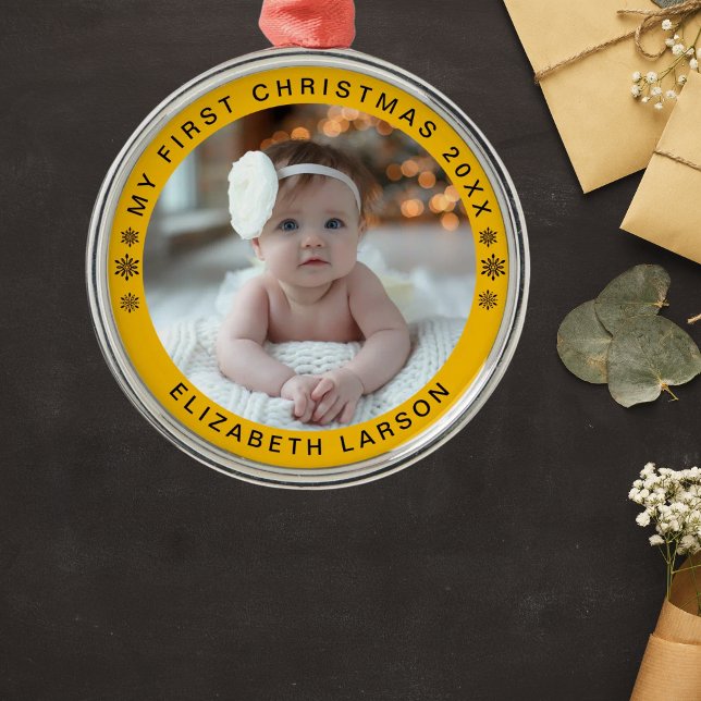 My First Christmas Personalized Baby Photo Red Metal Ornament (Creator Uploaded)