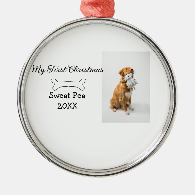 My first Christmas pet animal photo name year bone Metal Ornament (Front)
