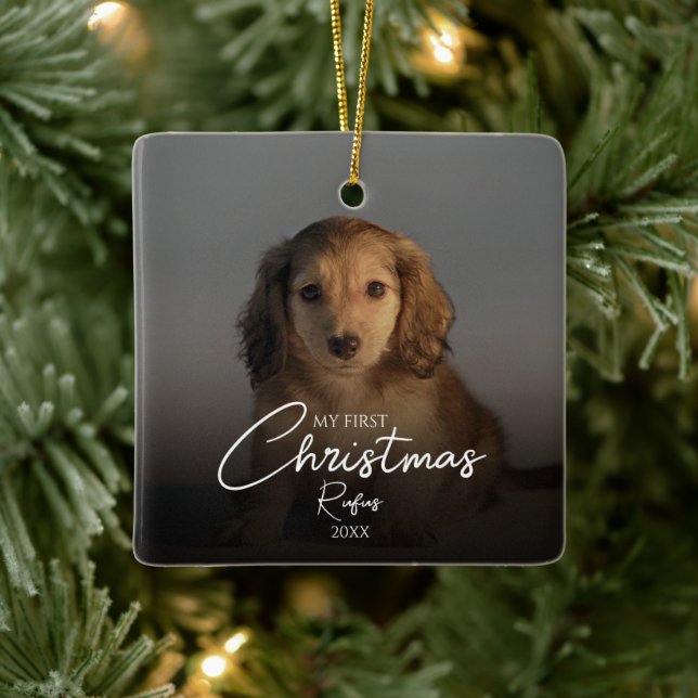 My First Christmas Pet Photo Elegant Script Ceramic Ornament (Tree)