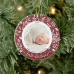My First Christmas Photo Buffalo Plaid Ceramic Ornament<br><div class="desc">Round ceramic tree ornament features the year, your baby's name and the words First Christmas and your favourite baby photo surrounded with white leaves, berries and dots on a buffalo plaid background. TIP: Upload a high resolution photo that features your baby in the middle - you can crop to a...</div>