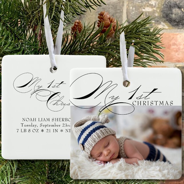 My First Christmas Photo Elegant Calligraphy Ceram Ceramic Ornament (Creator Uploaded)