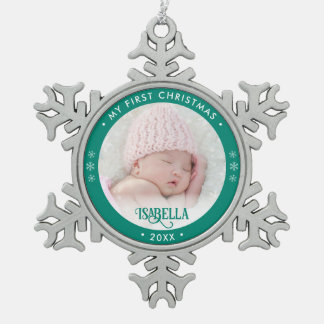 My First Christmas Photo Green Snowflake Pewter Christmas Ornament