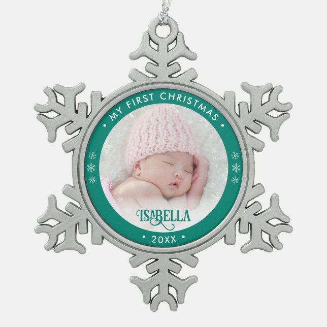My First Christmas Photo Green Snowflake Pewter Christmas Ornament (Front)