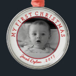 My First Christmas Photo Ornament Keepsake<br><div class="desc">Customise this photo and text with your own message for the occasion.  A great keepsake for  baby's first christmas;   Click "Customise It" to change fonts,  colours and sizes.  Text will remain in circular arc. (Photo by Becky Nimoy)</div>