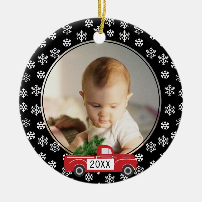 My First Christmas Photo Ornament with Red Truck (Front)