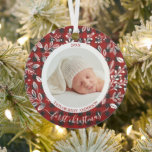 My First Christmas Photo Plaid Metal Tree Decoration<br><div class="desc">Round metal tree ornament features the year, your baby's name and the words First Christmas and your favourite baby photo surrounded with white leaves, berries and dots on a buffalo plaid background on the front and back. TIP: Upload a high resolution photo that features your baby in the middle -...</div>