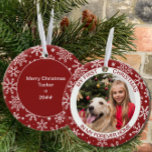 My First Christmas | Photo Red Snowflake Ceramic Ceramic Ornament<br><div class="desc">My First Christmas ornament personalised with your photo and custom text. This holiday ornament is red and decorated with white snowflakes. It is lettered with "my first christmas in my forever home" and you are welcome to edit "in my forever home" to wording of your choice. The back has more...</div>