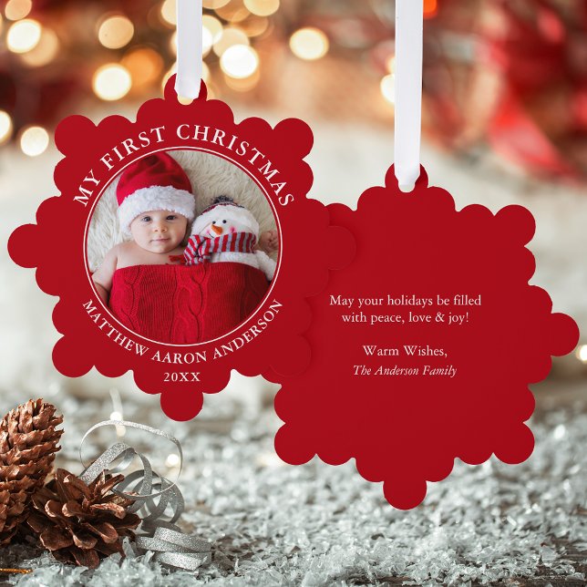 My First Christmas Photo Red Tree Decoration Card (A greeting card that is also an ornament! Customize with your photo and personalized text.)