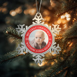 My First Christmas Photo Snowflake Pewter Christmas Ornament<br><div class="desc">Customise this photo and text with your own message for the occasion. A great keepsake for baby's first christmas; Click "Customise It" to change fonts,  colours and sizes of the border as well. Text will remain in circular arc.</div>