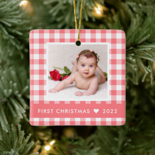 My First Christmas Pink Buffalo Plaid Baby Photo Ceramic Ornament