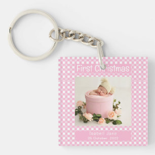 My First Christmas Pink Buffalo Plaid Baby Photo Key Ring