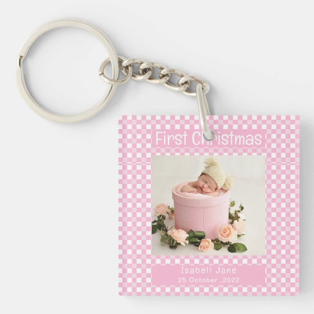 My First Christmas Pink Buffalo Plaid Baby Photo  Key Ring (Front)