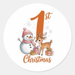 My First Christmas Pink Deer Xmas Girl Snowman Classic Round Sticker