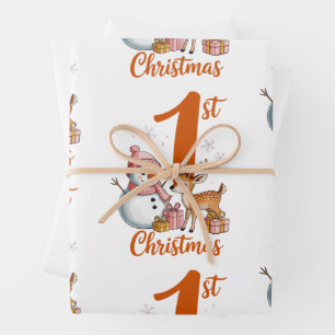 My First Christmas Pink Deer Xmas Girl Snowman Wrapping Paper Sheet