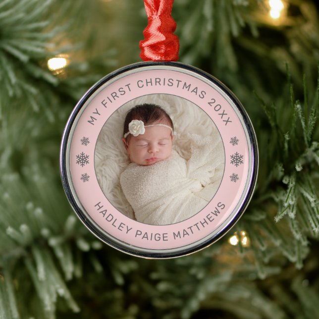 My First Christmas Pink Personalized Baby Photo Metal Ornament (Tree)
