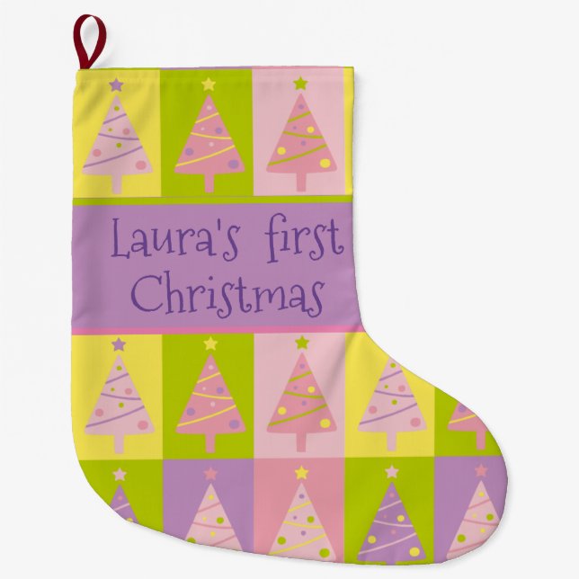 My First Christmas Pink Purple Trees Custom  Large Christmas Stocking (Front)