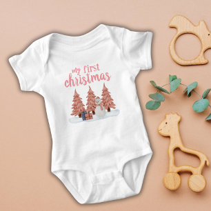 My First Christmas Pink Trees Snowman and Gifts Baby Bodysuit