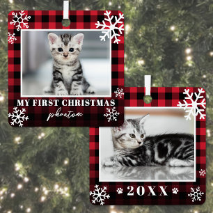 My First Christmas Plaid Cat Photo Metal Tree Decoration