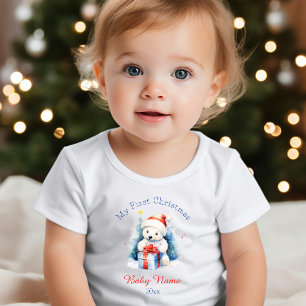 My First Christmas Polar Bear White Custom Name  Baby T-Shirt