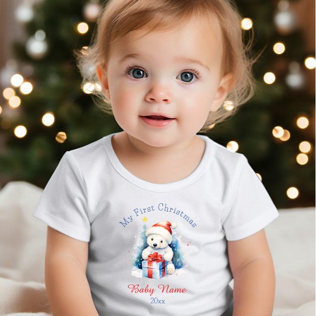 My First Christmas Polar Bear White Custom Name  Baby T-Shirt (Creator Uploaded)