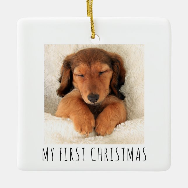 My First Christmas Puppy Dogs Square Photo Ceramic Ornament (Front)