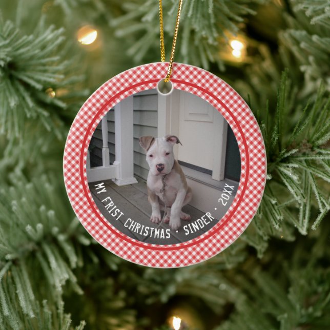 My First Christmas Puppy Pet Red Gingham Keepsake Ceramic Ornament (Tree)