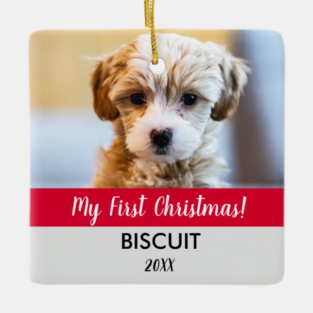My First Christmas Puppy Photo and Year Holiday Ceramic Ornament (Front)