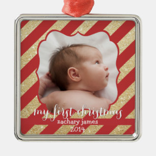 My First Christmas Red and Gold Stripe Ornament