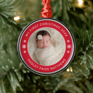 My First Christmas Red Baby Girl Photo Metal Ornament
